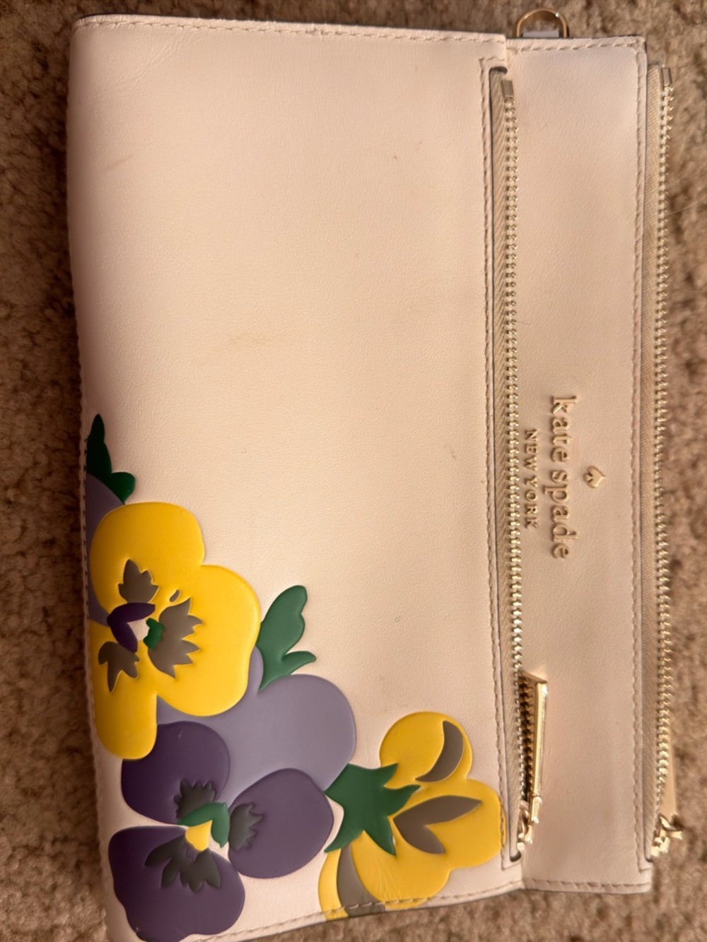 kate spade Cream Floral Applique Zip Clutch with Yellow & Purple Flowers
